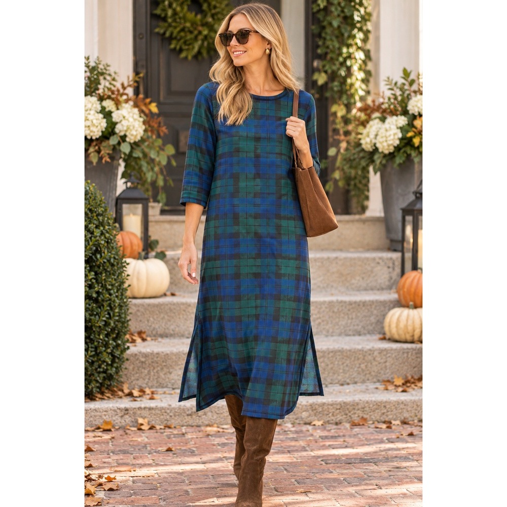 NWT Tuckernuck Jamie Midi Dress Green Blue Fall Winter Plaid (MSRP: $228) Medium